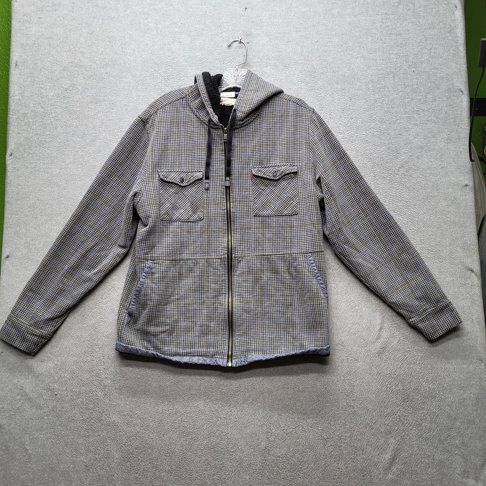Levi's Men Jacket L Gray Check Workwear Button Zipper Fleece Lined